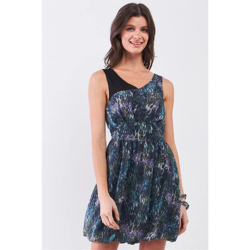 Navy Sleeveless Polyester Mini Dress with V-Neck Self-Tie Waist