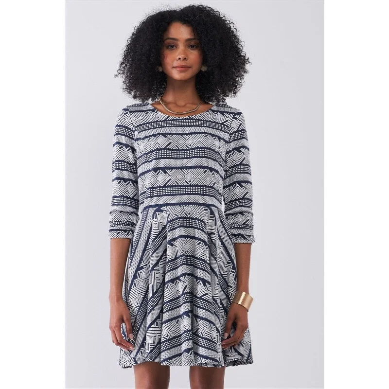 Navy-White Multi Print A-Line Mini Dress with Round Neck