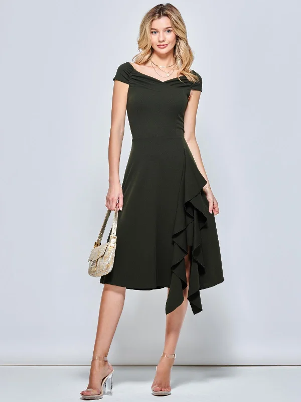 Off Shoulder Frill Ponte Midi Dress, Soldier Green