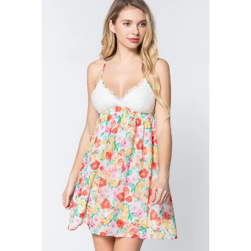 Off-White Floral Polyester Mini Dress with V-Neck