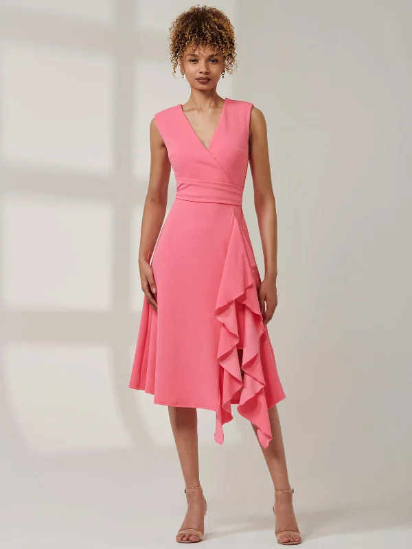 Qiana Ruffle Detail Midi Dress, Pink