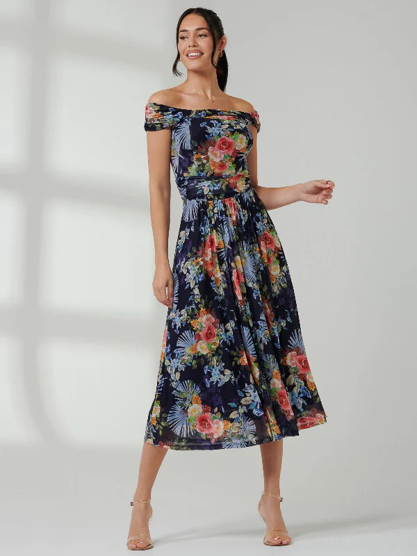 Rezka Off Shoulder Mesh Midi Dress, Navy Floral