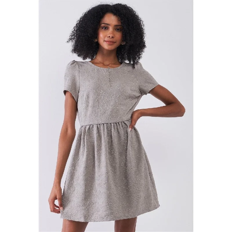 Silver-Grey Floral Mini Dress With Round Neck and Short Sleeve