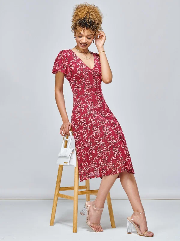 Stacy Floral Print Cross Front Midi Dress, Wine Floral