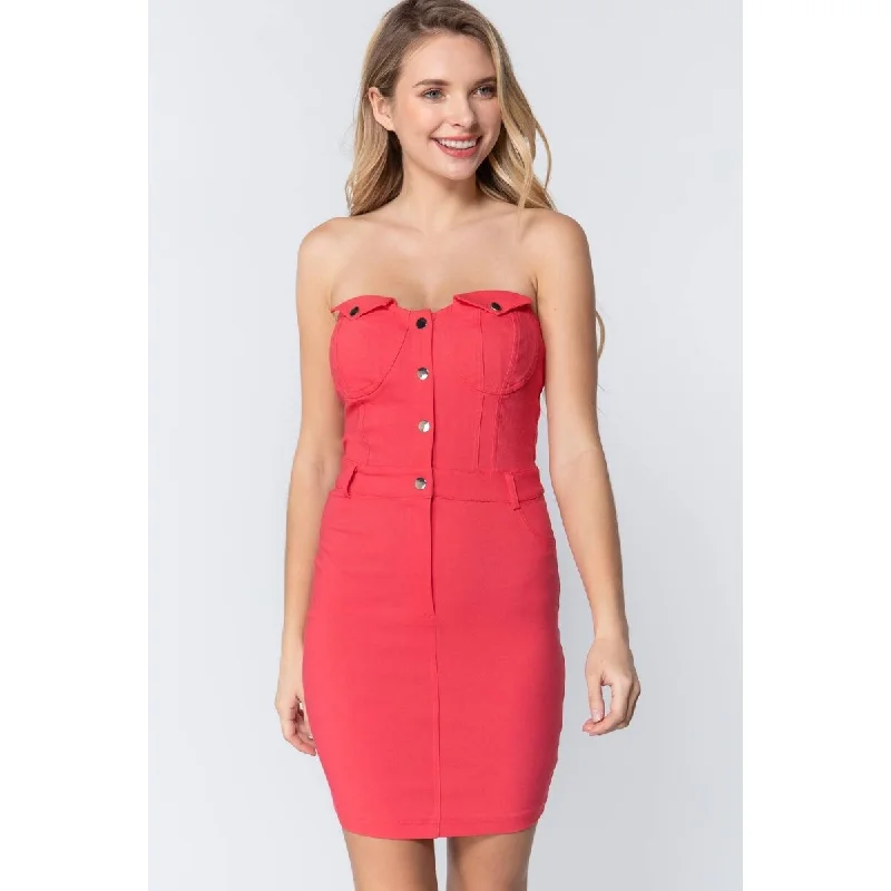 Strapless Rayon Mini Dress with Button Down