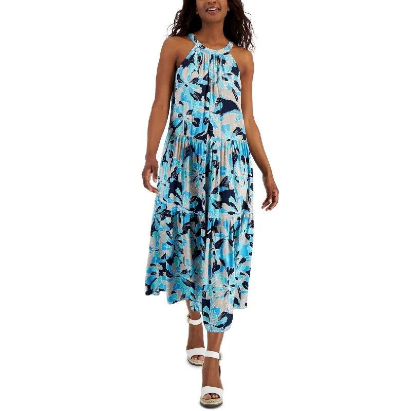 Tommy Hilfiger Women's Floral Print Halter Maxi Dress Blue Size Small