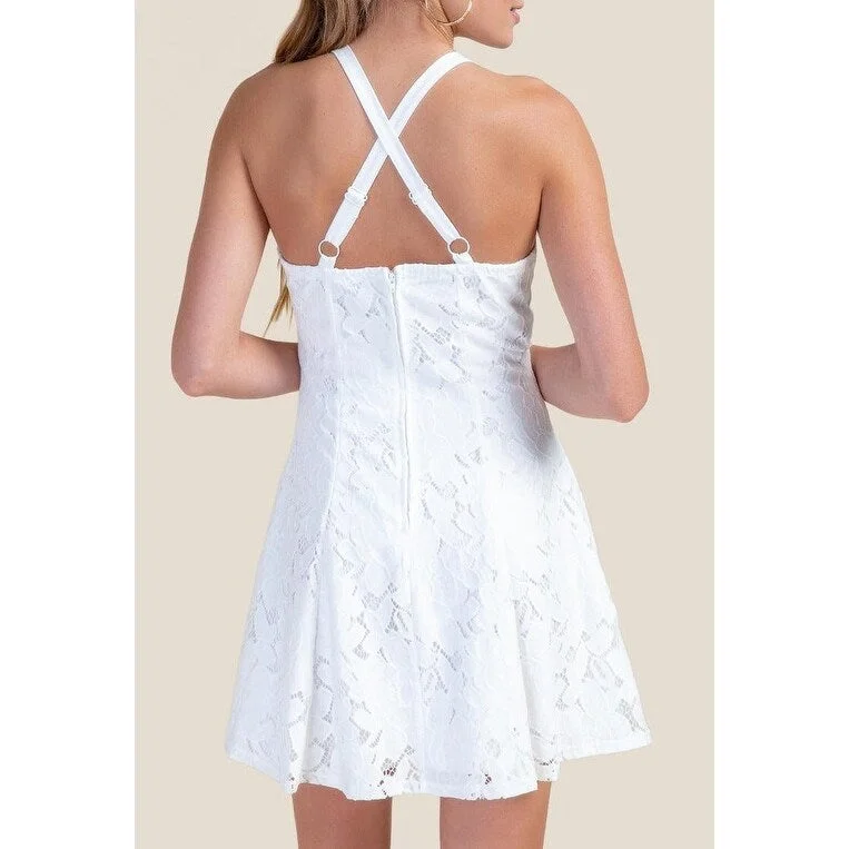 Trixxi Women's Lace Overlay Criss Cross Back Mini Dress White Size M