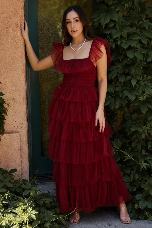 Valora Swiss Dot Tulle Maxi Dress | Wine