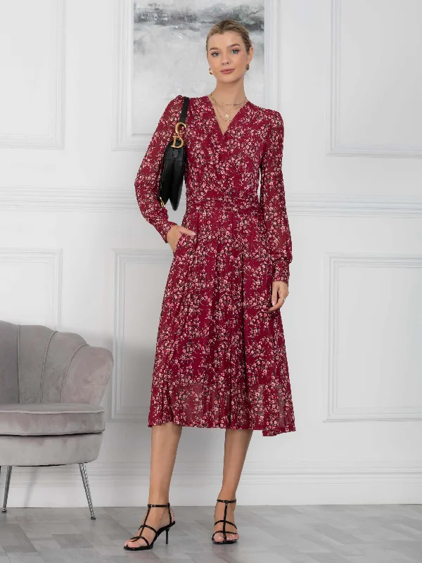 Vanessa Floral Print Wrap Front Midi Dress, Burgundy/Multi