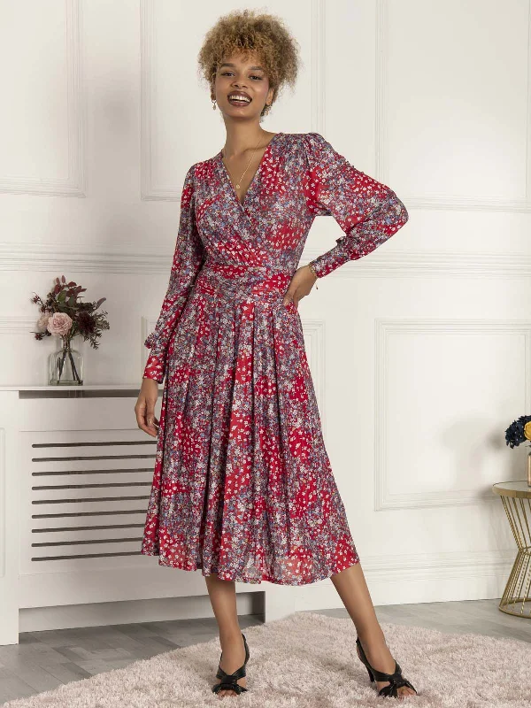 Vanessa Long Sleeve Mesh Midi Dress, Red Floral