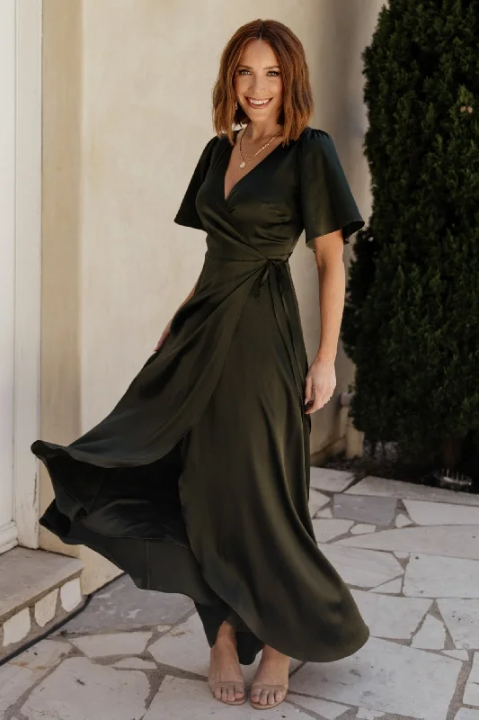 Vara Satin Maxi Wrap Dress | Dark Olive