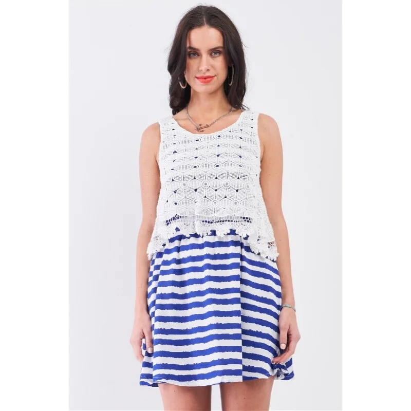 White-Navy Polyester Mini Dress With Floral Embroidery Layered Top