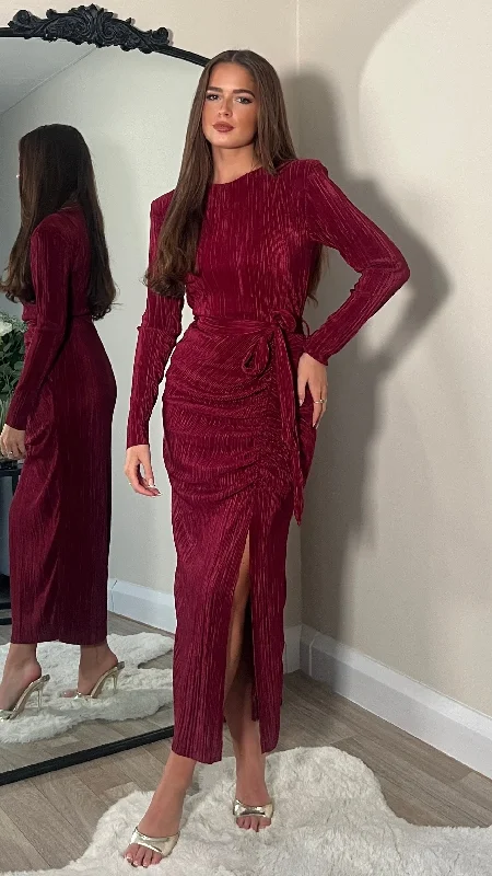 Adella Burgundy Long Sleeve Ruched Seamed Midi Dress