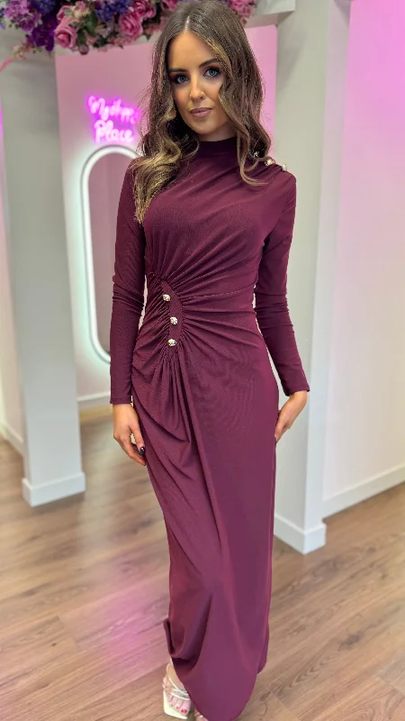 Ariana Burgundy Button Detail Ruched High Neck Midi Dress