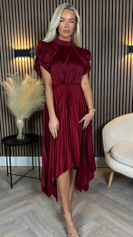 Cressida Burgundy High Neck Puff Sleeve Pleated Midi Dress