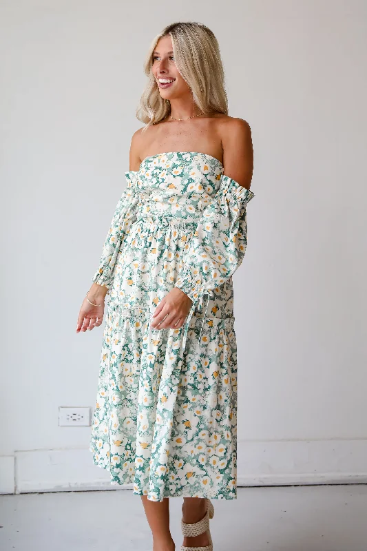 FINAL SALE - Delightful Aspect Sage Floral Off-The-Shoulder Midi Dress