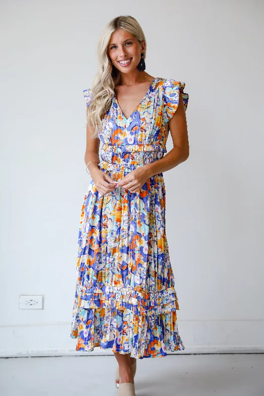 FINAL SALE - Ethereal Muse Royal Blue Satin Floral Midi Dress