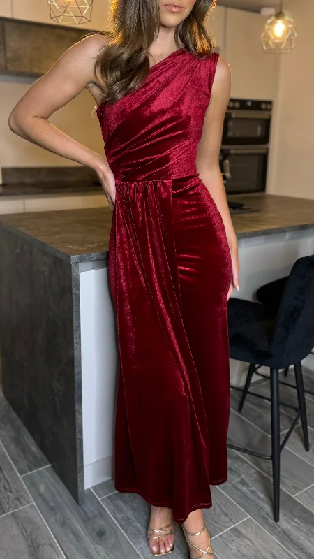 Isabella Dark Red One Shoulder Velvet Finish Midi Dress