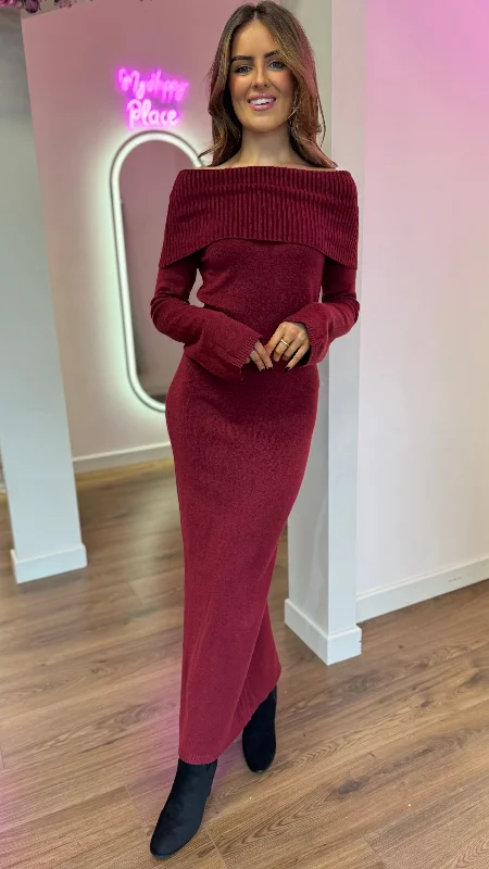 Kyomi Burgundy Off Shoulder Knit Midi Dress