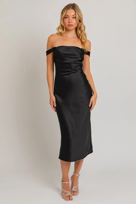 Late Night Off The Shoulder Satin Midi Dress