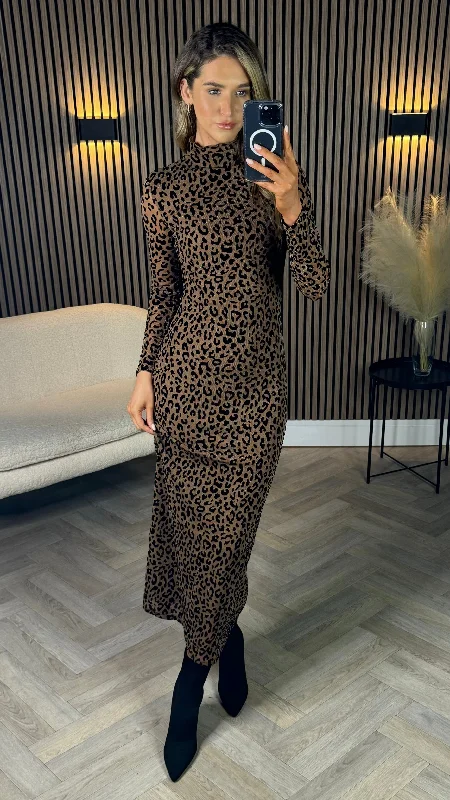 Louie Beige & Black Leopard Printed High Neck Midi Dress