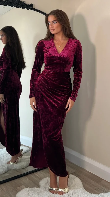 Sigourney Burgundy Velvet Asymmetric Wrap Midi Dress