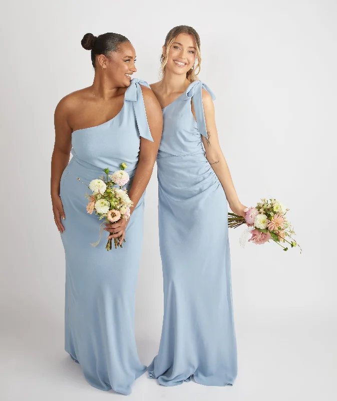 Bow One Shoulder Gathered Crepe Bridesmaid Dress - Pale Blue