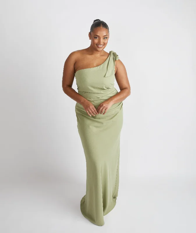 Bow One Shoulder Gathered Crepe Bridesmaid Dress - Sage