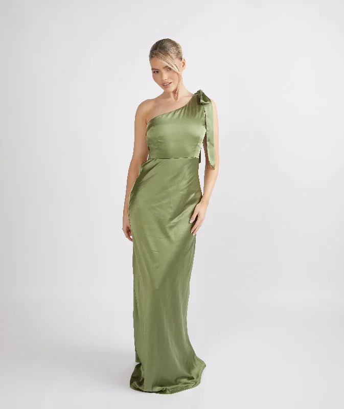 Bow One Shoulder Satin Bridesmaid Dress - Moss Green