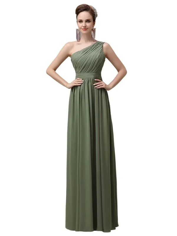 Charming One-shoulder A-line Chiffon Floor-Length Long Bridesmaid Dresses