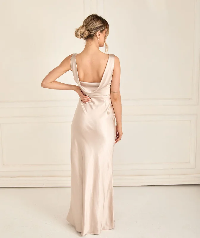 Cowl Back Satin Bridesmaid Dress - Oyster