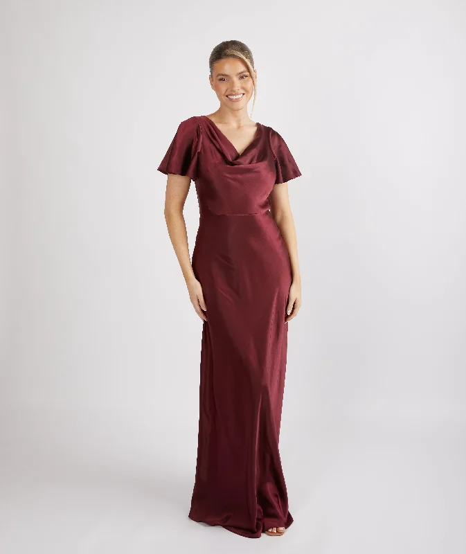 Cowl Front Satin Short Sleeve Bridesmaid Dress - Deep Wine