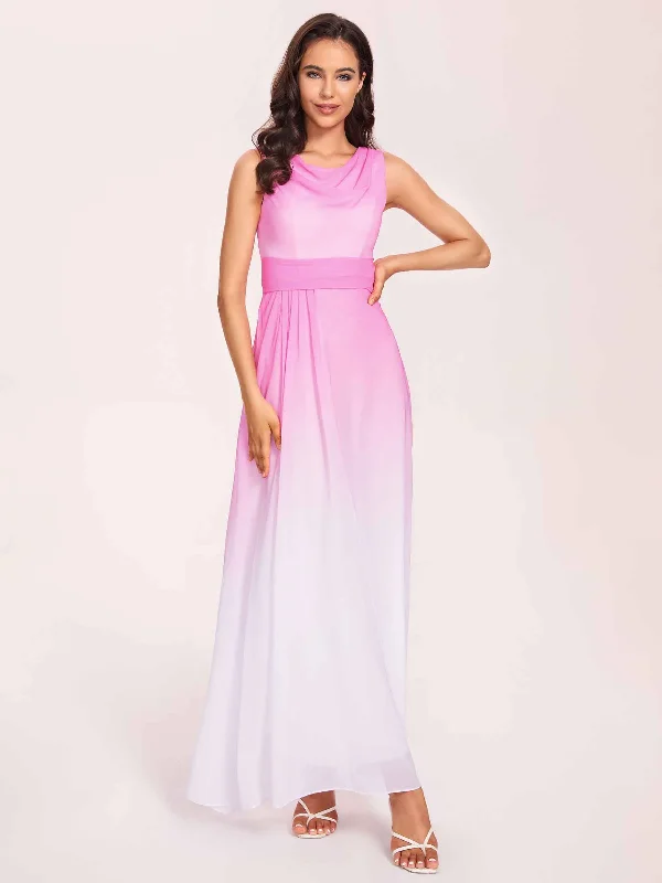 Elegant A-line Beteau Ombre Chiffon Long Bridesmaid Dresses