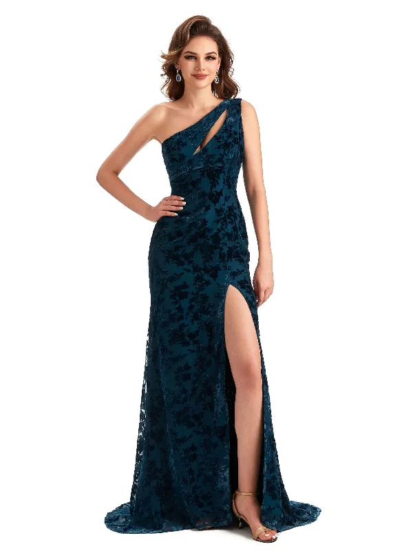 Elegant One Shoulder Mermaid Side Slit Floral Velvet Unique Long Bridesmaid Dresses