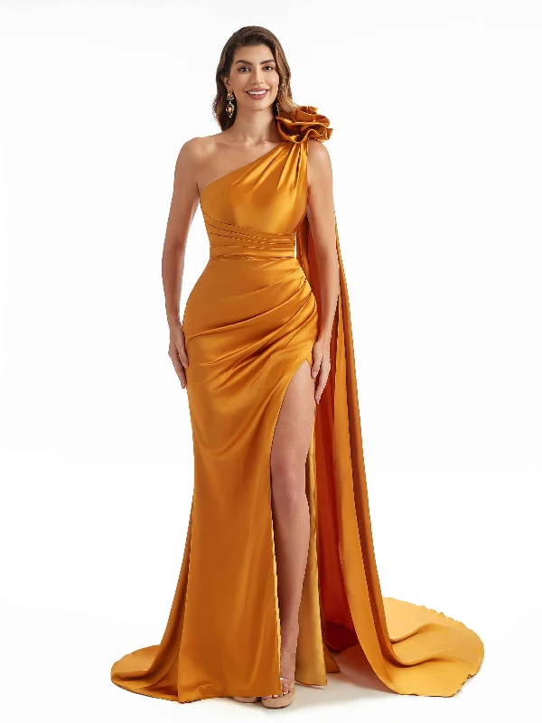 Elegant  Side Slit One Shoulder Mermaid Long  Dresses In Satin