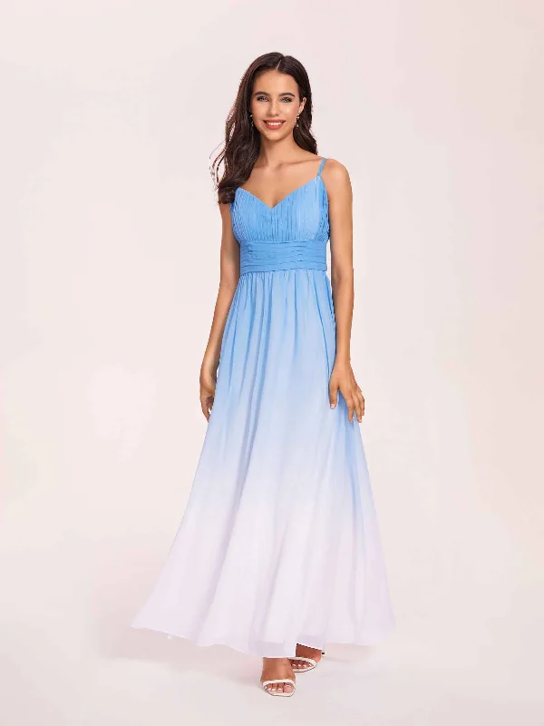 Elegant V Neck Spaghetti Straps A-line Chiffon Long Ombre Bridesmaid Dresses Online