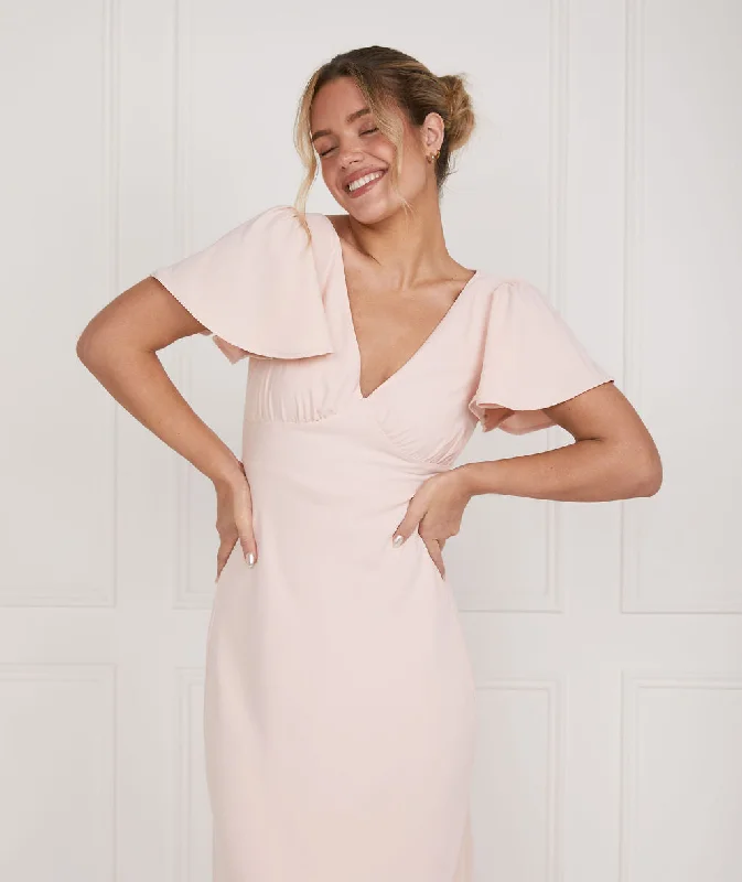 Flutter Sleeve V Neck Plunge Crepe Bridesmaid Dress - Blush