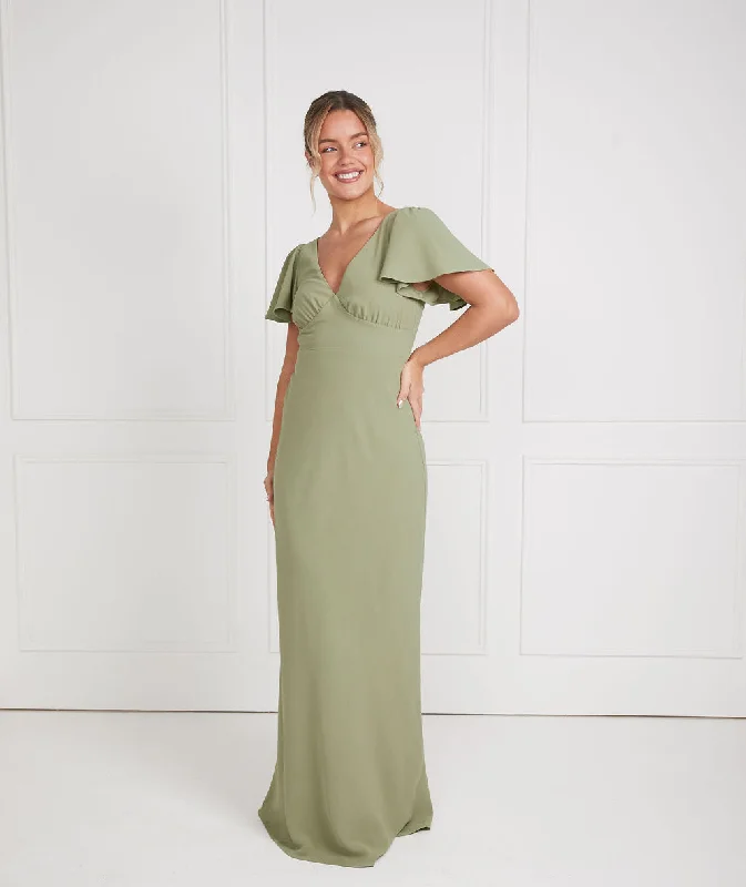 Flutter Sleeve V Neck Plunge Crepe Bridesmaid Dress - Sage