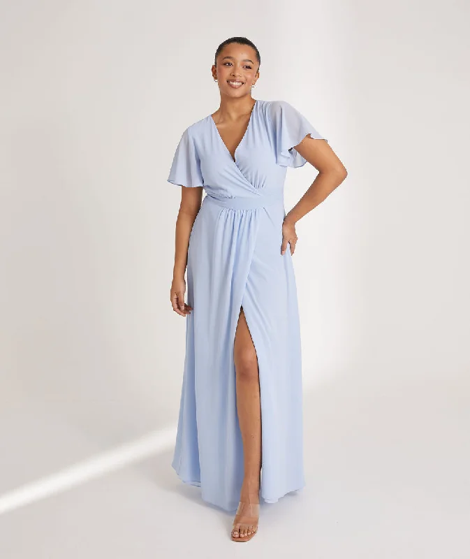 Flutter Sleeve Wrap Tie Chiffon Bridesmaid Dress - Cornflower Blue