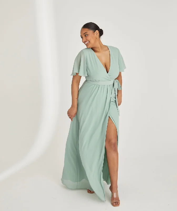 Flutter Sleeve Wrap Tie Chiffon Bridesmaid Dress - Sage