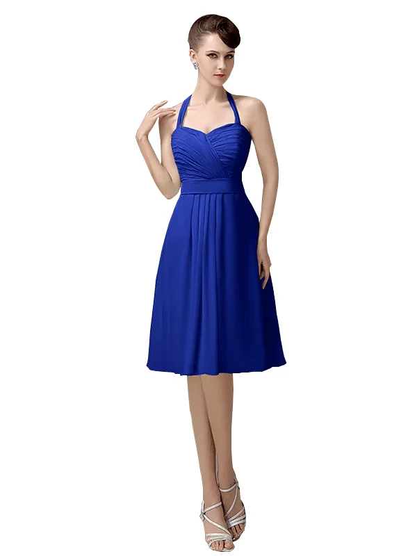 Halter A-line Chiffon Simple Backless Short Bridesmaid Dresses In Stock