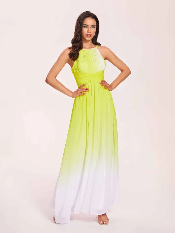 Halter Floral A-line Ombre Chiffon Long Bridesmaid Dresses Online