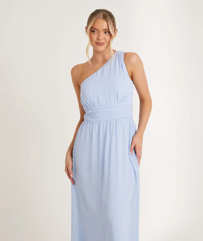 One Shoulder Pleated Waist Chiffon Bridesmaid Dress - Cornflower Blue