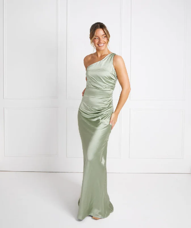 One Shoulder Satin Ruched Bridesmaid Dress - Sage