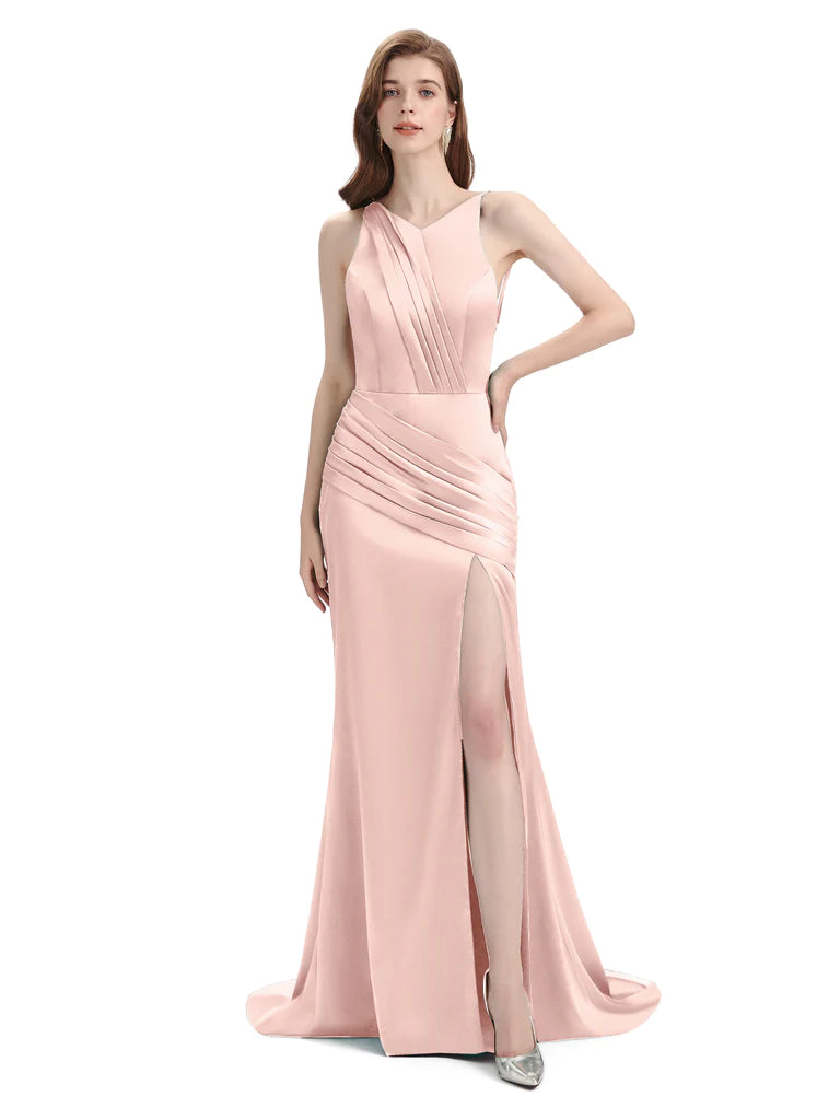 Sexy Backless Mermaid Side Slit Soft Satin Floor-Length Mermaid Bridesmaid Dresses In Stock