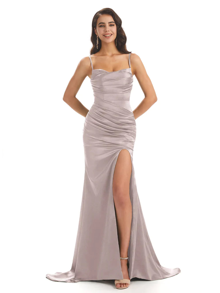 Sexy Mermaid Soft Satin Spaghetti Long Prom Dresses Online With Slit In Stock