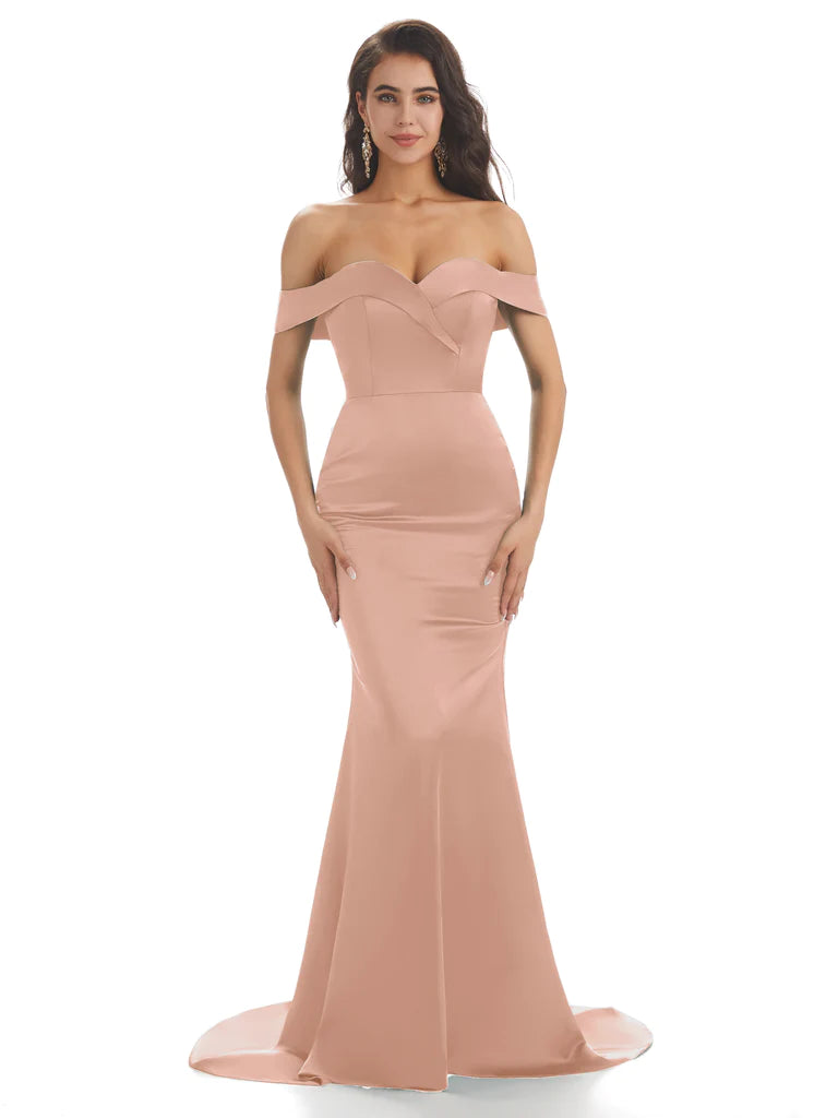 Sexy Off Shoulder Soft Satin Floor-Length Long Mermaid Bridesmaid Dresses In Stock