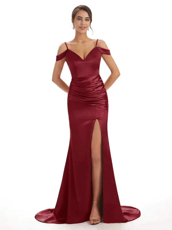 Sexy Off The Shoulder Soft Satin Side Split Long Mermaid Bridesmaid Dresses In Stock