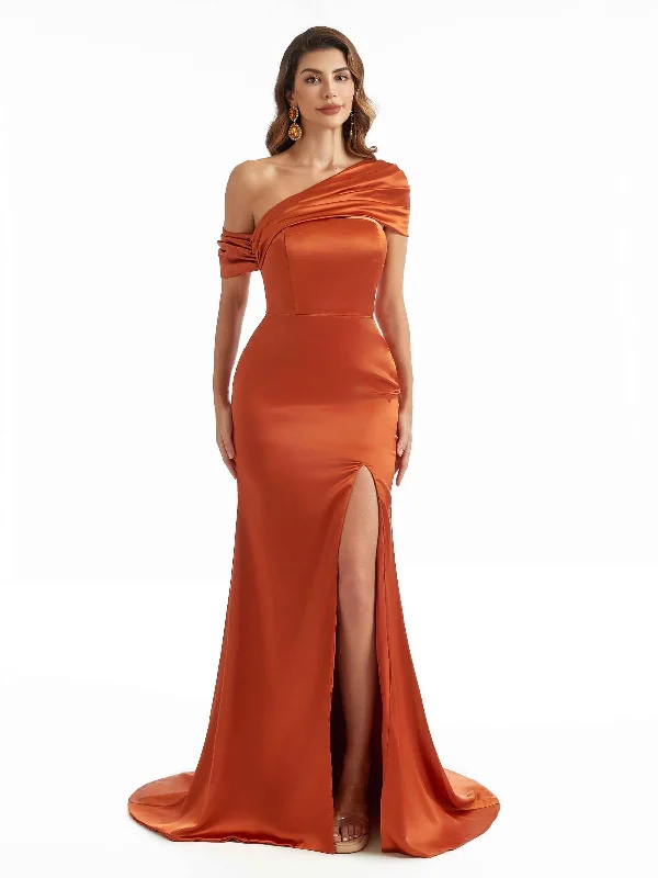 Sexy One Shoulder Asymmetric Long Satin Unique Formal Bridesmaid Gowns Online