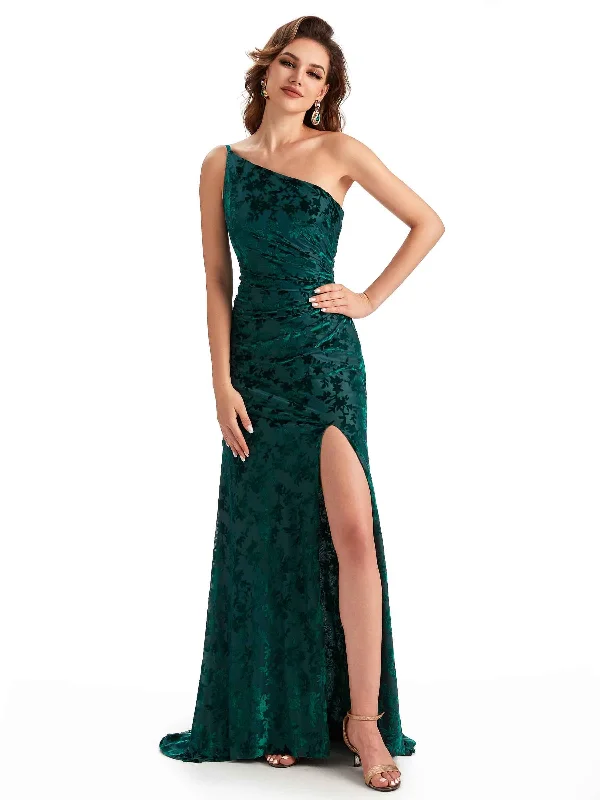 Sexy One Shoulder Side Slit Mermaid Floral Velvet Long Bridesmaid Dresses Online